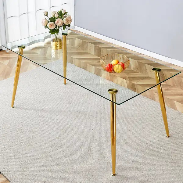 Modern Glass Dining Table for 4-6 | Tempered Glass & Gold Legs | Kitchen, Dining & Living Room