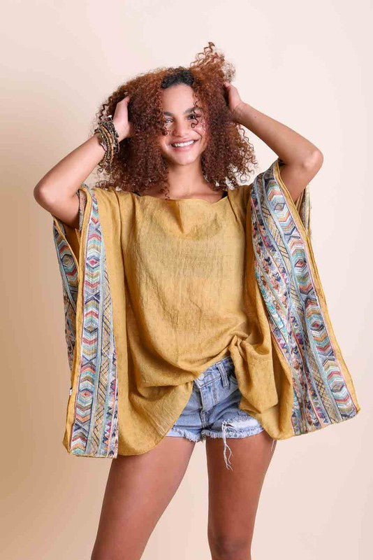 Geometric Embroidered Sleeve Kimono Jacket for Women - Stylish Boho Cover-Up