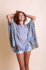 Geometric Embroidered Sleeve Kimono Jacket for Women - Stylish Boho Cover-Up