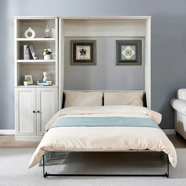 Full Size Murphy Bed with Storage | Space-Saving Bed for Guest Room, Home Office, Rustic White - Minihomy