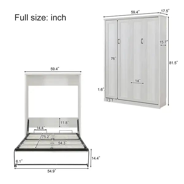 Full Size Murphy Bed with Storage | Space-Saving Bed for Guest Room, Home Office, Rustic White - Minihomy