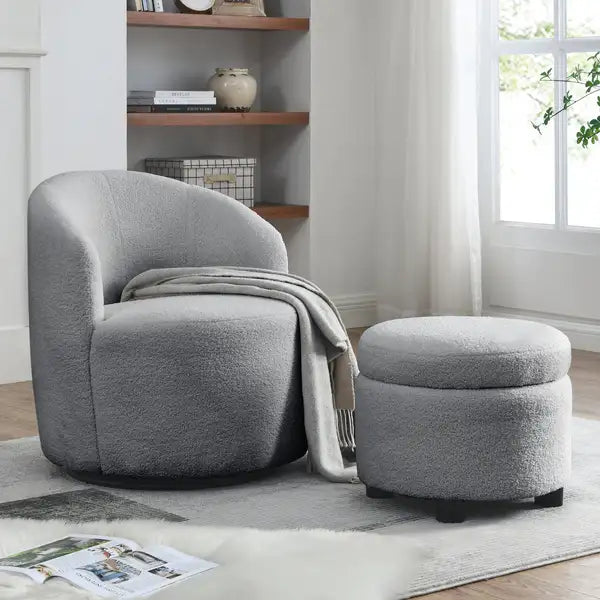 Welike Swivel Barrel Chair w/ Storage: Modern Teddy Fabric Armchair