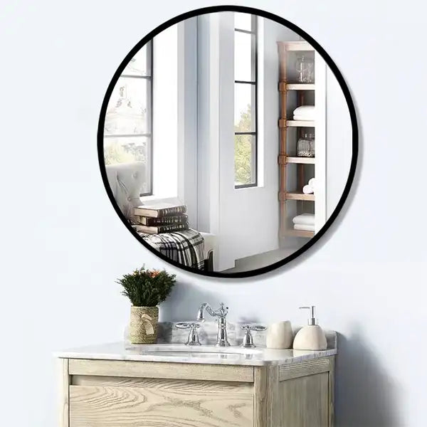 32" Black Round Wall Mirror - Tempered Glass, Bathroom, Living Room, Bedroom