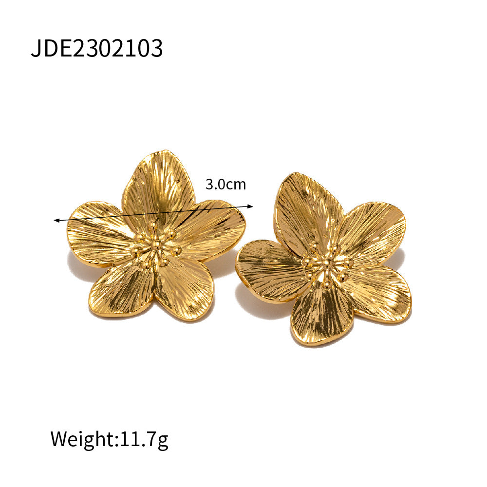 French Royal Style Dull Vintage Gold Stainless Steel Flower Metal Stud Earrings