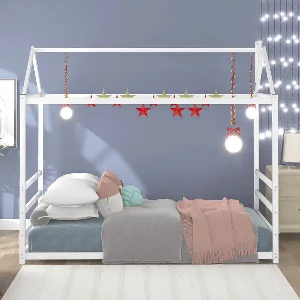 White Platform Bed with Roof & Chimney Design - Unique House Bed Frame for Kids