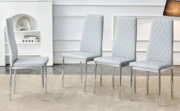 4-Piece Checkered Dining Chairs Set | High Back, Armless, Light Gray, Metal Legs - Office & Home - Minihomy