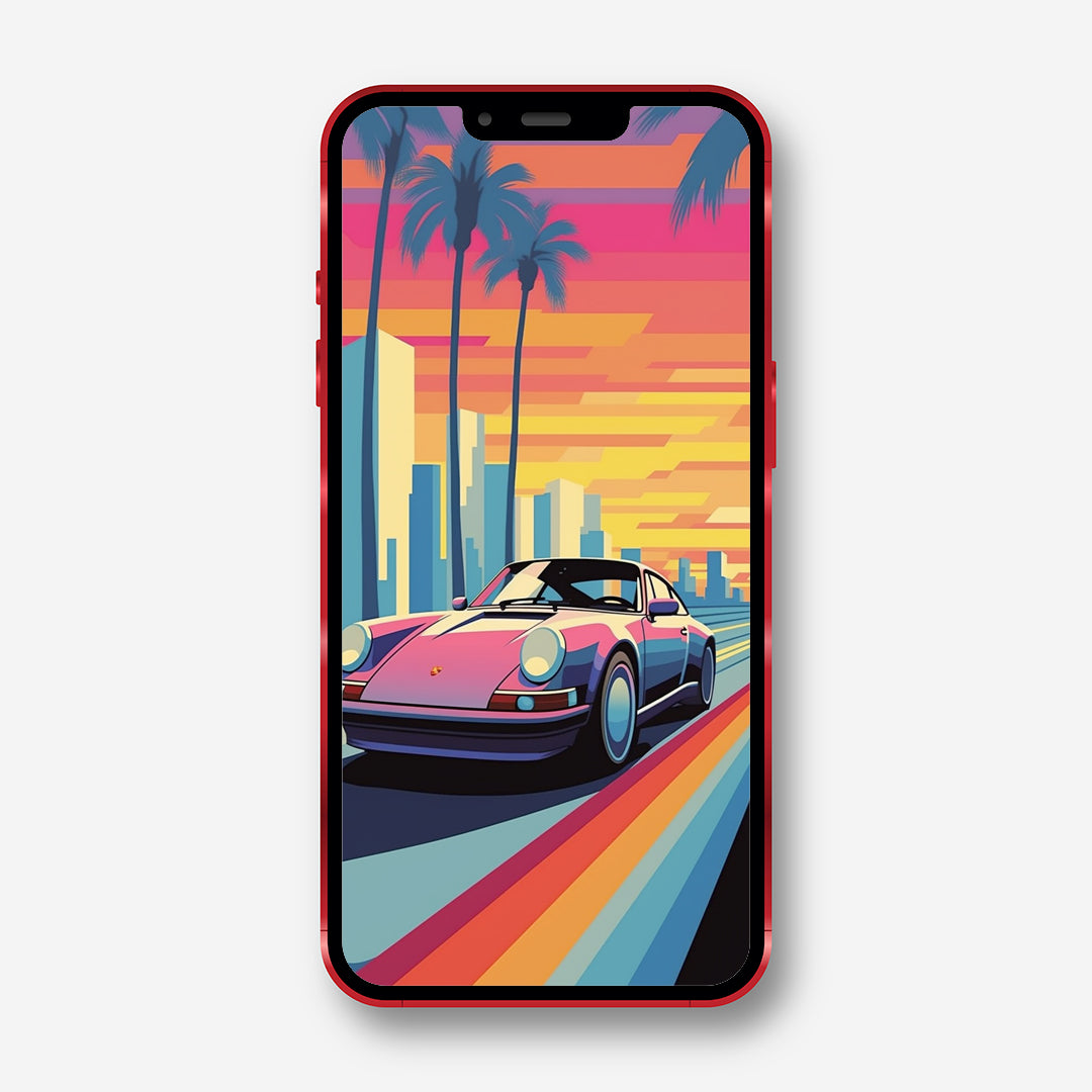 Futuristic Beach Vibes - Abstract 1980's Porsche 911 Phone Wallpaper