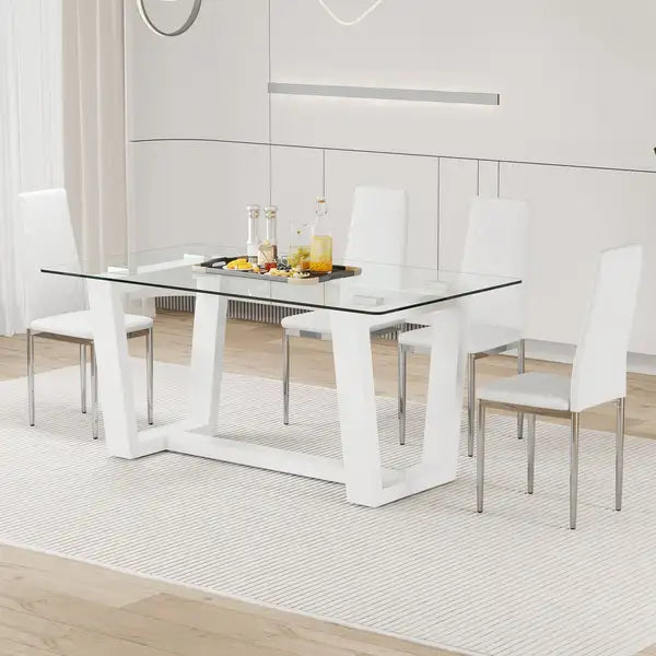 White Dining Table Set with 4 Checkered PU Chairs, Tempered Glass Top & Metal Legs