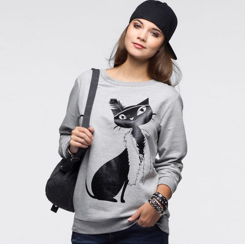 Women Cotton Cat Long Sleeve Loose Hoodie Sweatshirt