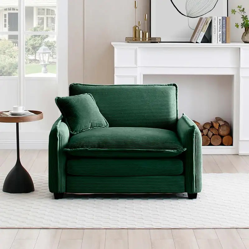 Green Corduroy Deep Seat Sofa: Comfortable Single Sofa w/Pillow