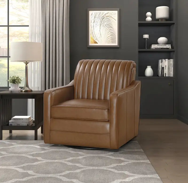 Brown Swivel Chair - Faux Leather, Breathable, Channel Stitched