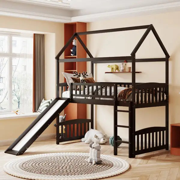 Twin Loft Bed with Slide - Espresso Kids Bunk Bed - Safe & Fun