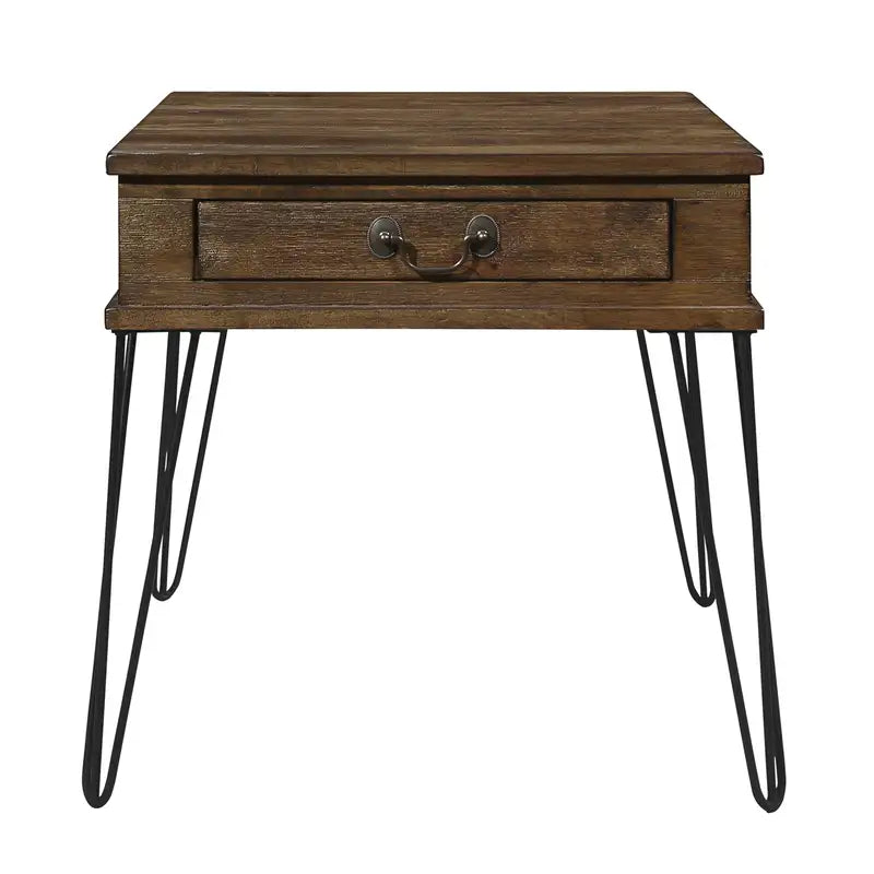 Rustic Oak End Table with Drawer - Solid Wood Side Table, Black Metal Legs