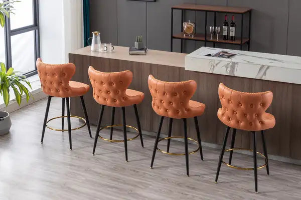 Modern Bar Stools, Set of 2, Swivel, Orange Leatherette, Gold Nailhead Trim - Minihomy