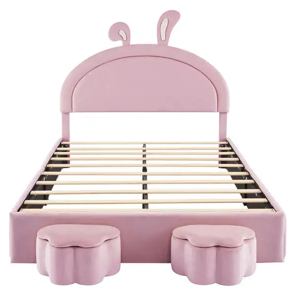 Full Size Upholstered Rabbit Bed with Storage Stools, Pink Velvet Platform Bed with Ears Headboard - Minihomy