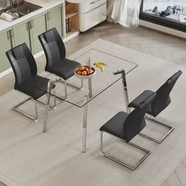 Black Glass Dining Table Set with 4 Chairs - 51" Wide - Minihomy