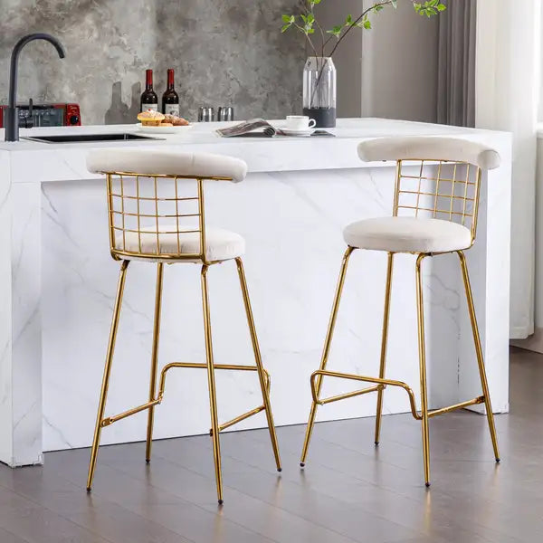 Luxury Velvet Bar Stools Set of 2, Beige - High Back Pub Chairs with Metal Legs for Kitchen Dining - Minihomy