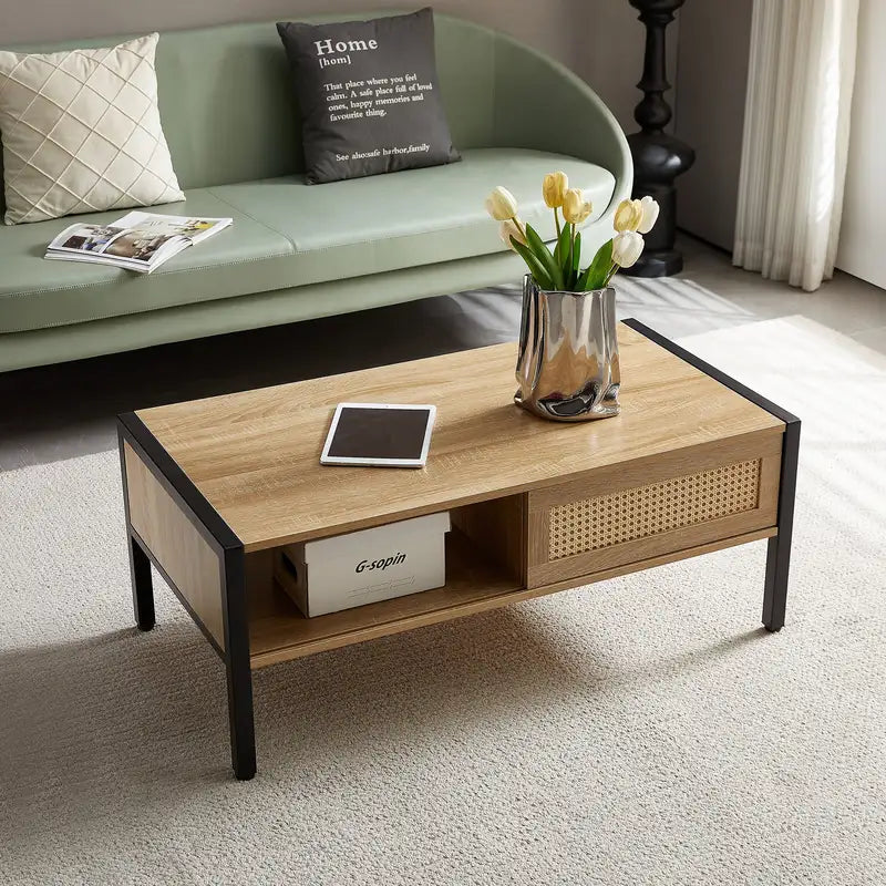 Modern Rattan Coffee Table with Storage - 40.16" Natural