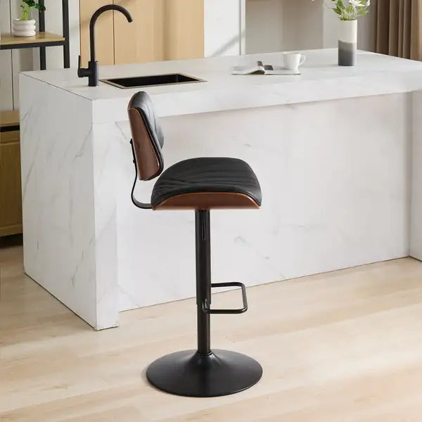 Black Leather Swivel Bar Stools, Mid Century Modern Adjustable Counter Height for Kitchen & Dining Room - 1 Chair - Minihomy