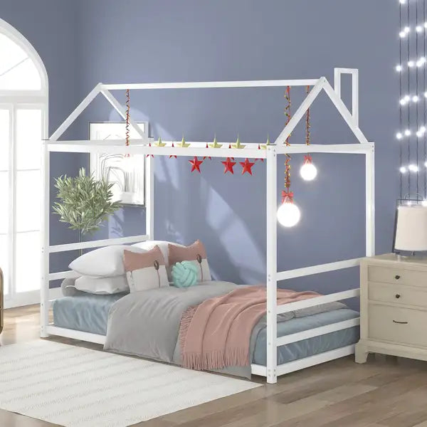 White Platform Bed with Roof & Chimney Design - Unique House Bed Frame for Kids