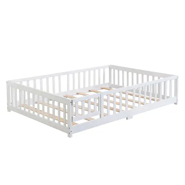 Twin Size Platform Bed with Door & Fence - Solid Pine Wood, White - Kids Bed Frame