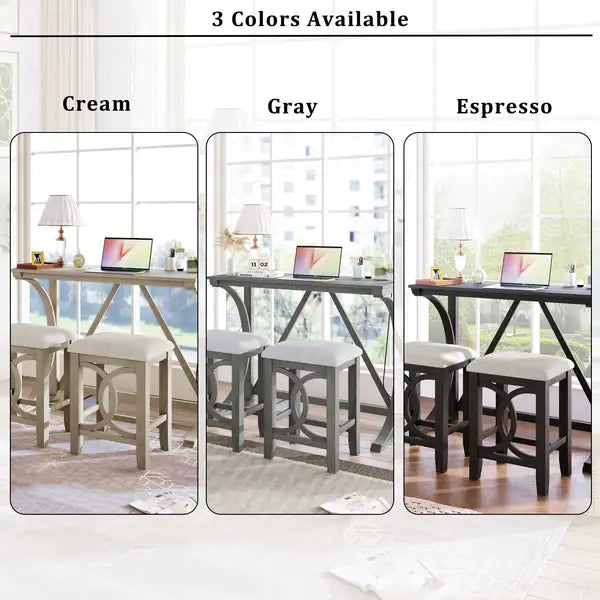 Farmhouse 3-Piece Counter Height Dining Set with USB Port & Upholstered Stools, Cream - Minihomy