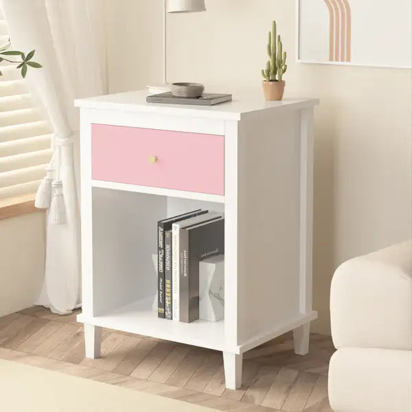 Pink Wooden Nightstand with Drawer & Shelf - Kids & Adults - 26.77"H