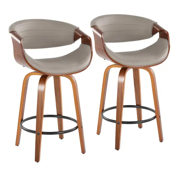 LumiSource Symphony Counter Stools - Walnut & Grey Faux Leather (Set of 2) - Mid-Century Modern