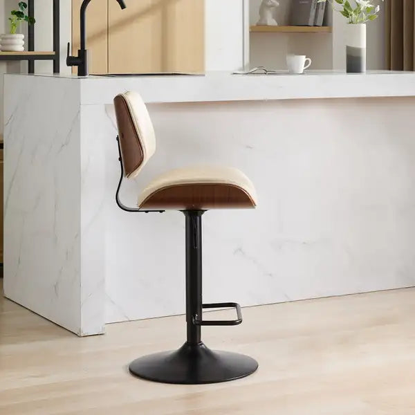 Adjustable Bentwood Bar Stools, Mid Century Modern, Black Leather, Swivel, Counter Height, Beige - Minihomy