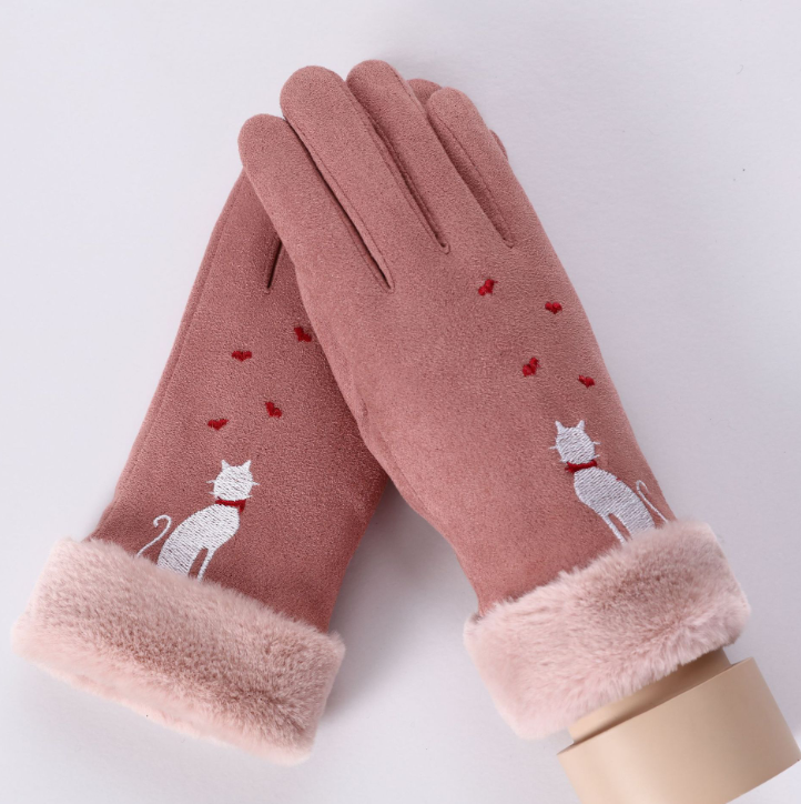 Winter Female Lace Warm Cashmere Three Ribs Cute Bear Mittens Double thick Plush