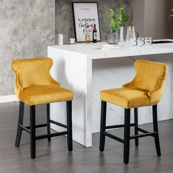 Velvet Wingback Barstools with Nailhead Trim (Set of 2) - Gold - Minihomy