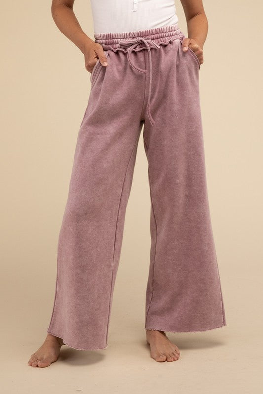 Acid Wash Fleece Palazzo Sweatpants with Pockets - Comfy & Stylish