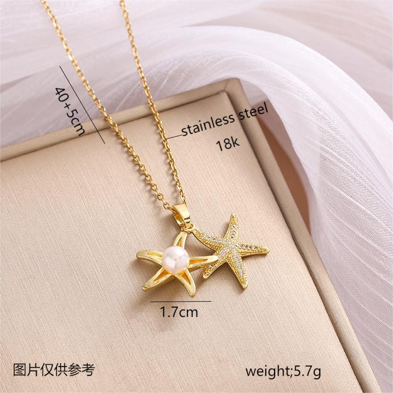 Full Rhinestone Zircon Sea Summer Star Pearl Pendant Titanium Steel Clavicle Chain