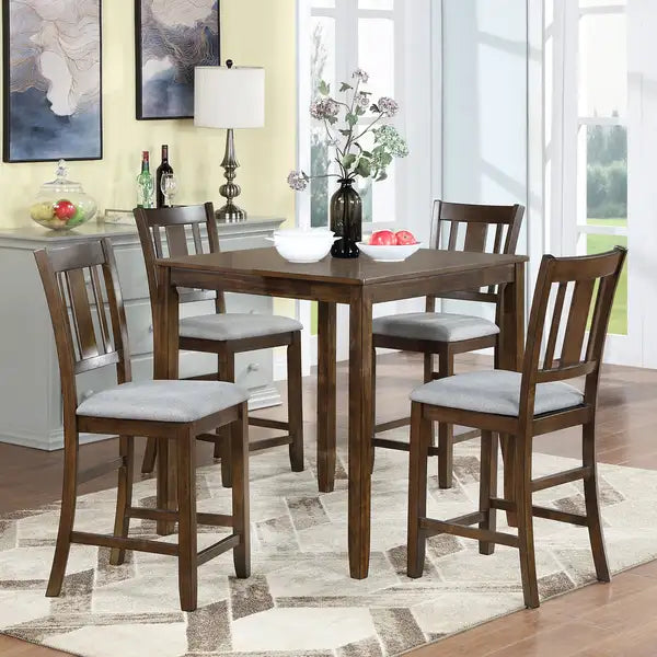 Walnut 5 Piece Square Dining Table Set for 4 - Counter Height Kitchen Table with Upholstered Chairs