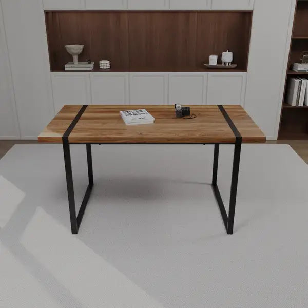 59" Rectangular MDF Dining Table | Natural Wood Top & Black Metal Legs, Seats 4-6 - Minihomy