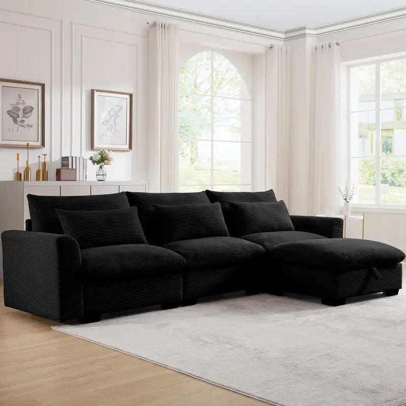 Black Corduroy L-Shaped Sectional Sofa with Storage & Pillows