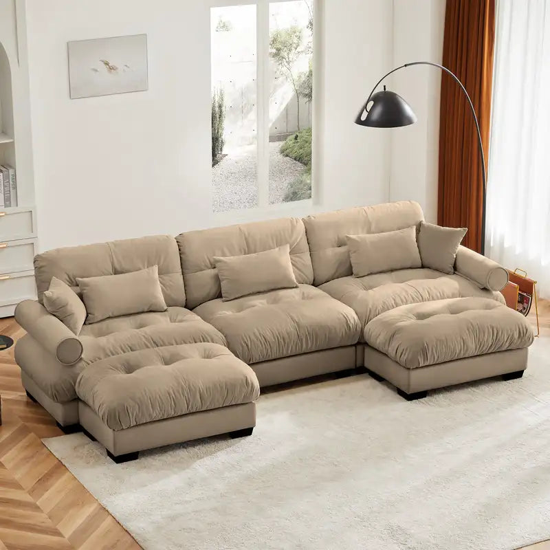 Camel U-Shaped Sectional Sofa with Ottomans & Pillows