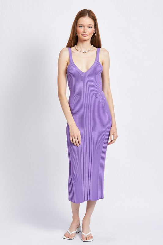 V-Neck Ribbed Midi Dress with Open Back