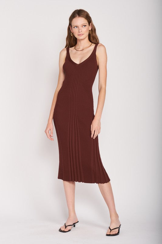 V-Neck Ribbed Midi Dress with Open Back