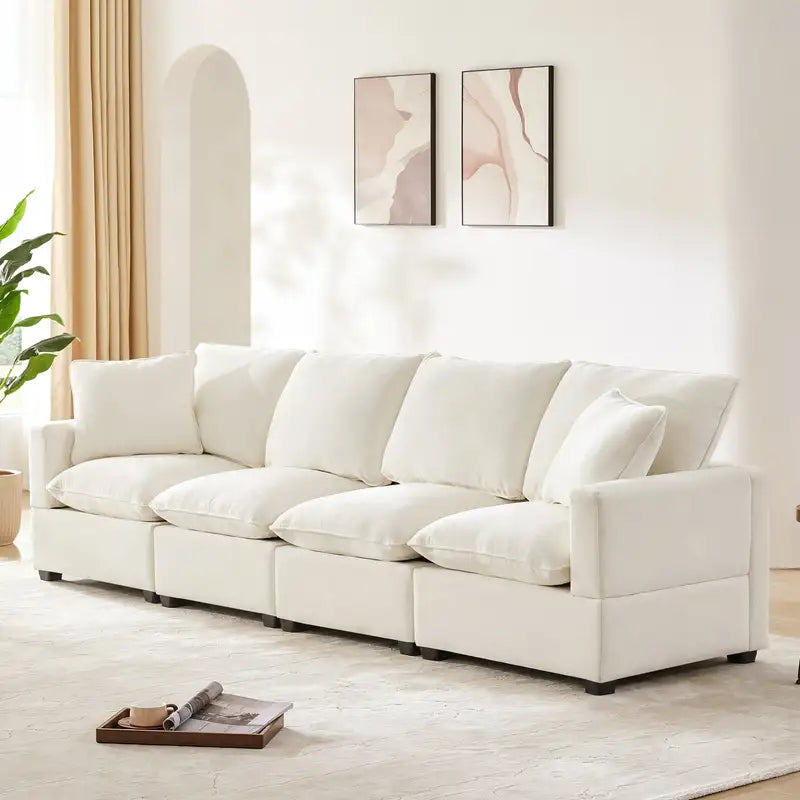 Modern Modular Sofa Set (4 Seats) - Chenille Sectional Couch w/ Pillows