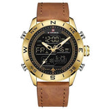 NAVIFORCE 9144 Men's Gold Sport Watch - Analog Digital Military Leather Quartz