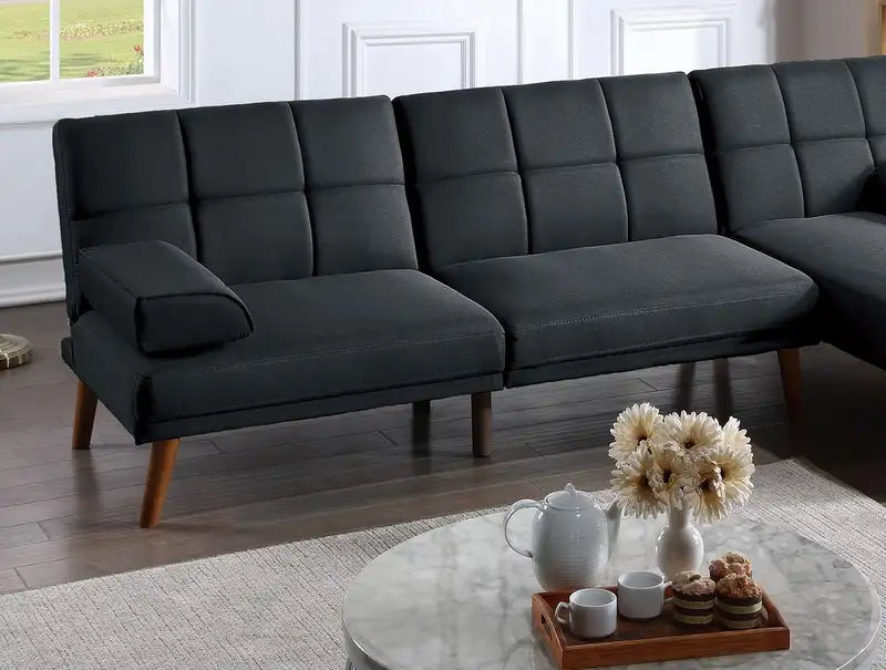 Black Tufted Sofa with Wood Legs & Adjustable Polyfiber Cushions