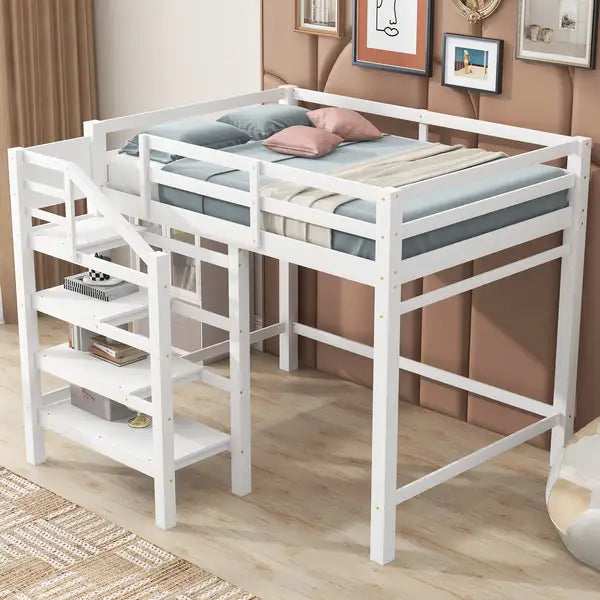 Full Size Loft Bed with Storage Staircase, Clothes Hanger, White - Minihomy