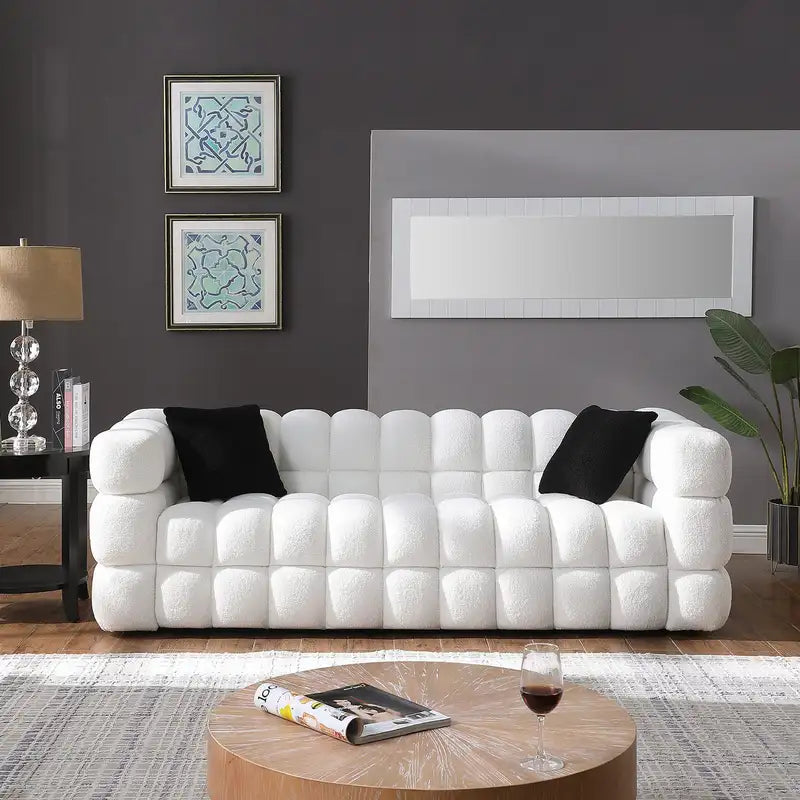 White Boucle 3-Seater Marshmallow Sofa (84.3"L x 35.83"D)