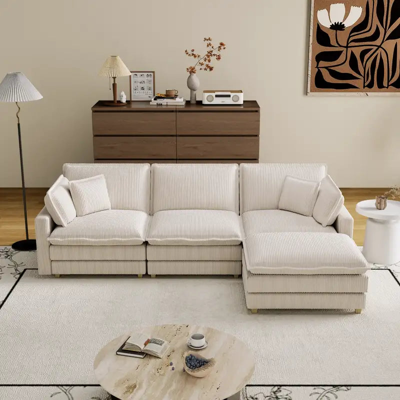 Beige Modular L-Shaped Sectional Sofa with 4 Pillows