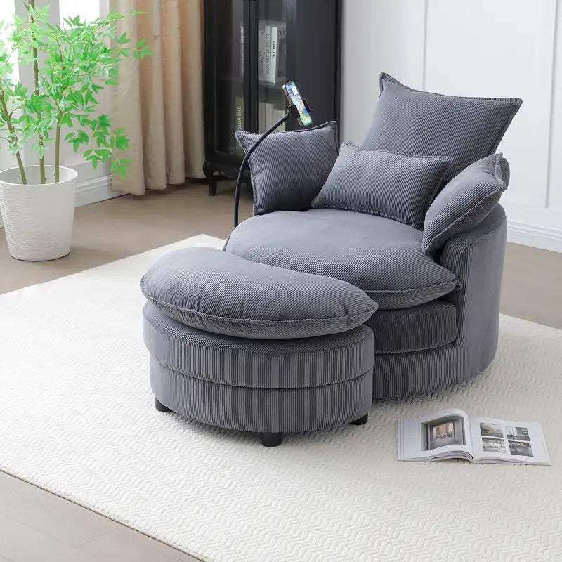 Modern Grey Swivel Barrel Chair with 4 Pillows - Living Room Accent Chair