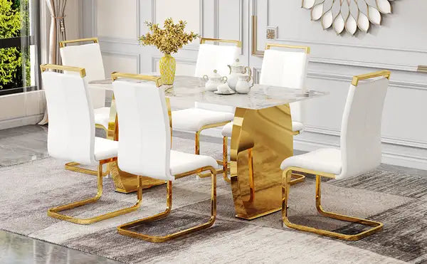 Gold Metal Dining Table and Chair Set with Rock Plate Top - Modern & Stable - Minihomy