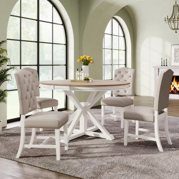 Extendable Dining Table Set with 4 Chairs - Retro Style, Oak & Off White