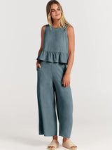 Casual Suit Summer Sleeveless Pleated Vest And Wide-leg Cropped Pants Two Piece Sets