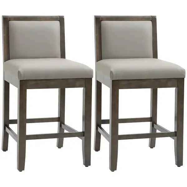 HOMCOM Grey Counter Height Bar Stools (Set of 2) - PU Leather, Wood Legs